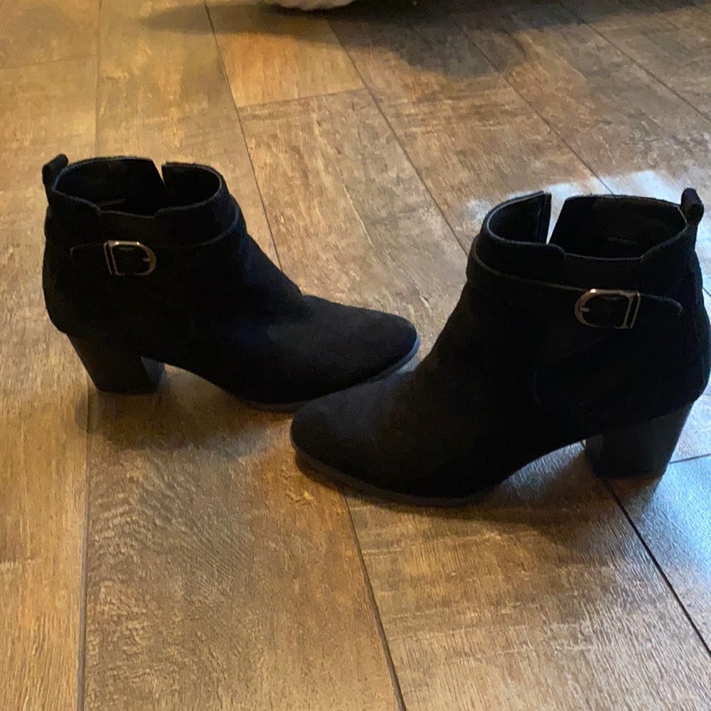 Black buckle booties with heel